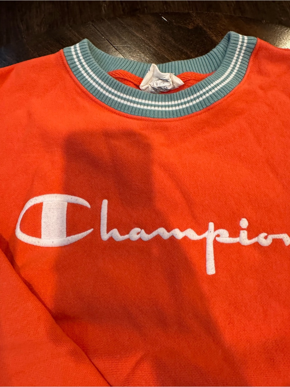 Champion Women’s Coral-Red Crewneck Sweatshirt with Teal Trim - Picture 2 of 3